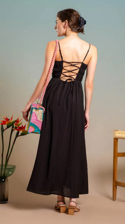 Braided Back Tie Smocked Maxi Dress