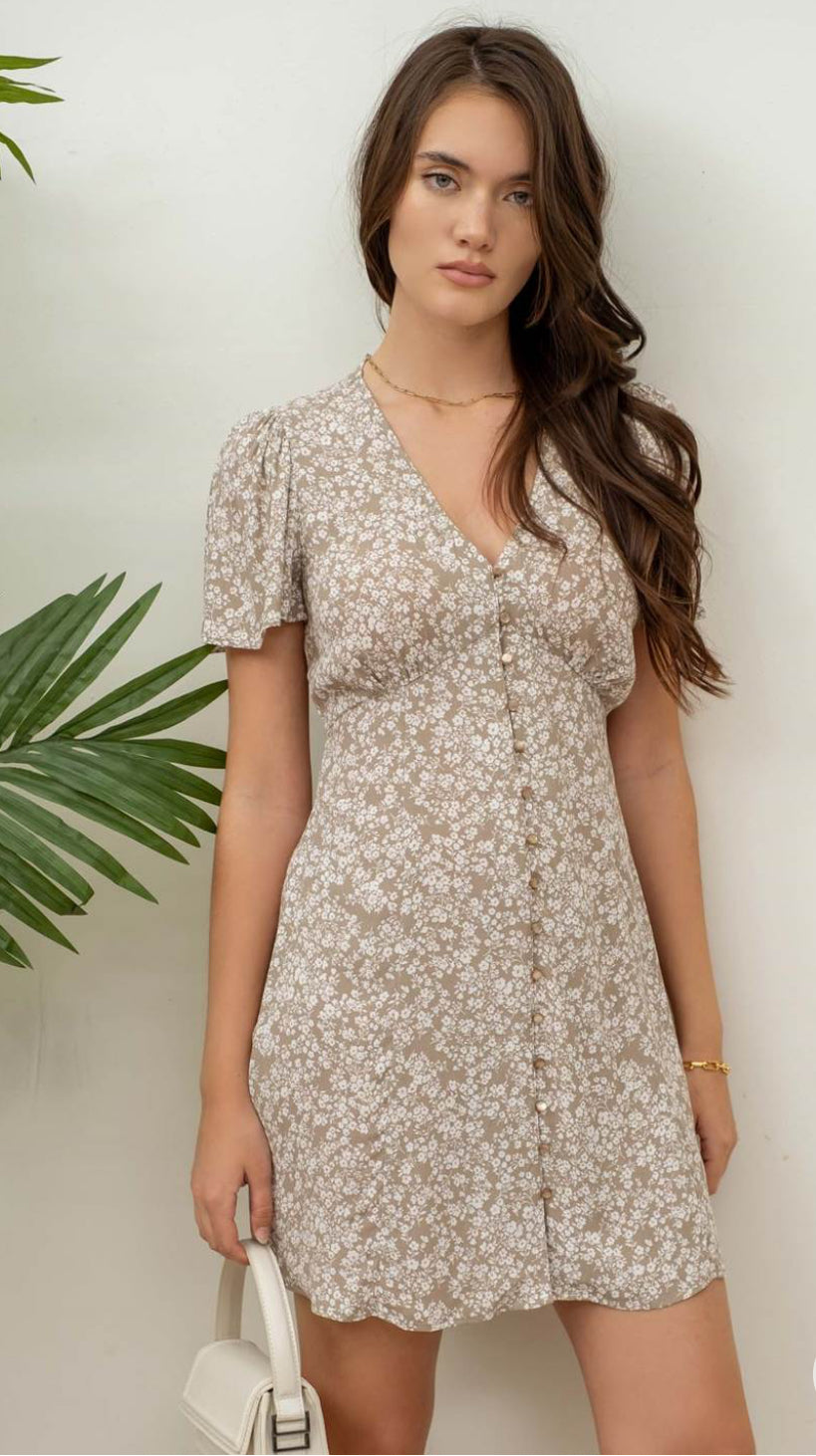 Floral V Neck Button Down Back Tie Mini Dress