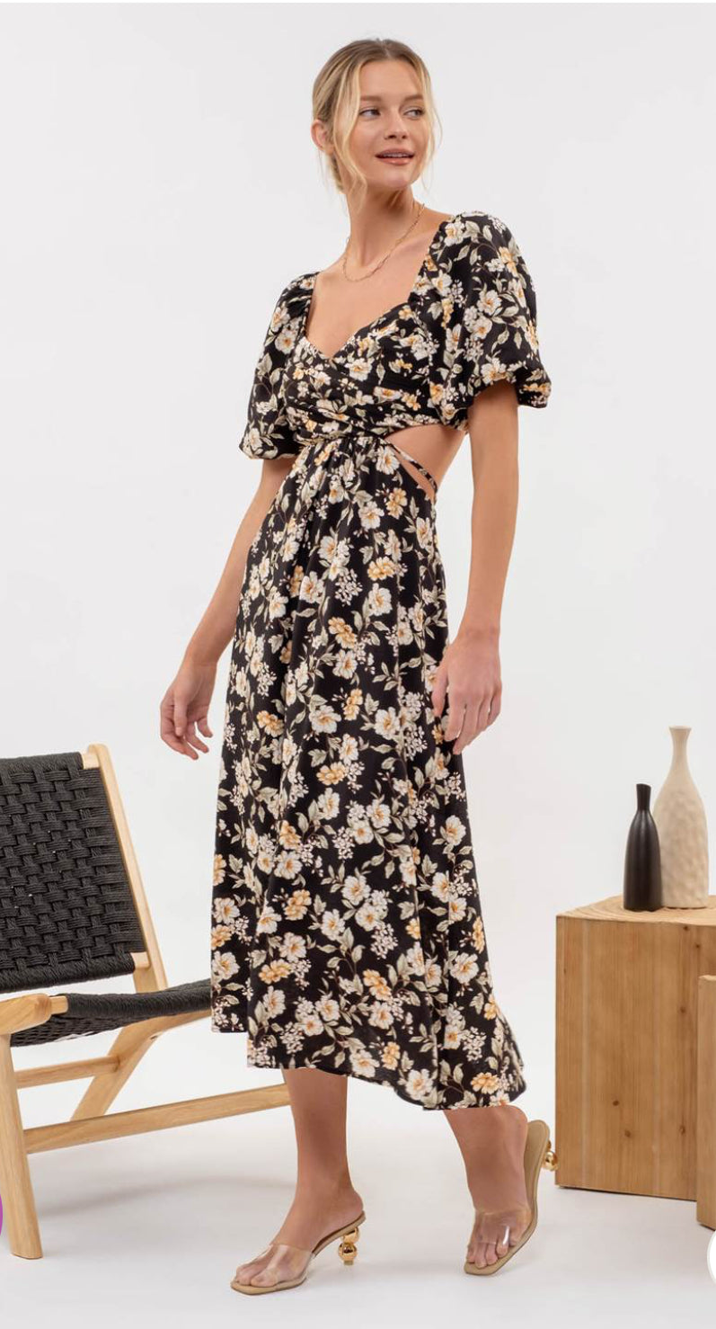 Floral Puff Sleeve Cut Out Midi Dress