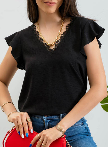 V Neck Lace Trim Back Tie Blouse