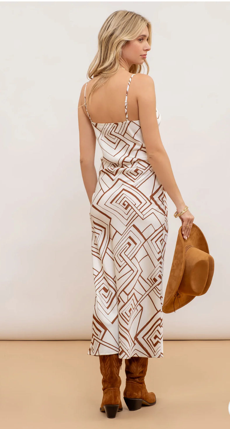 Geometric Print Front Tie Midi Dress