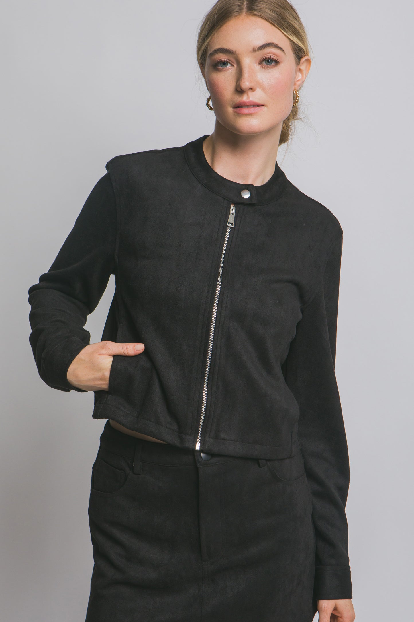 Vegan Suede Button Detail Zip up Jacket