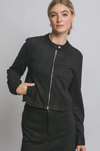 Vegan Suede Button Detail Zip up Jacket