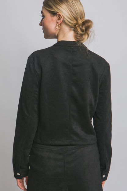 Vegan Suede Button Detail Zip up Jacket