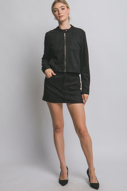 Vegan Suede Button Detail Zip up Jacket