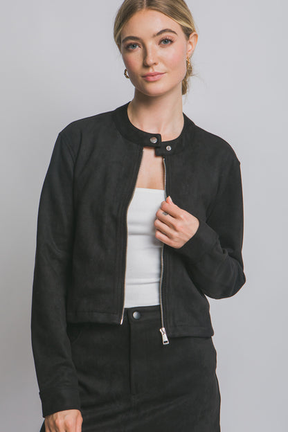 Vegan Suede Button Detail Zip up Jacket