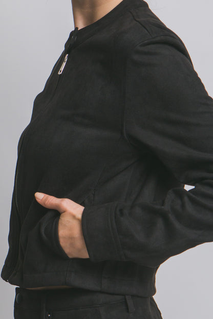 Vegan Suede Button Detail Zip up Jacket