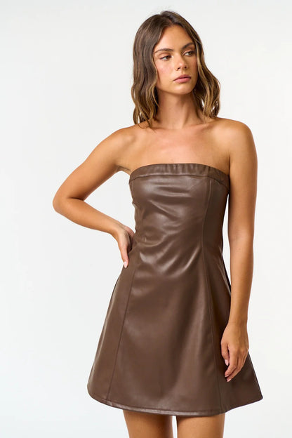 Strapless Leather Flare Mini Dress