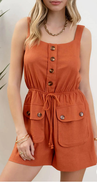 Button Down Sleeveless Drawstring Romper