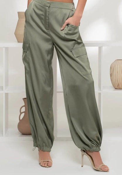 High Waist Satin Cargo
Jogger Pants