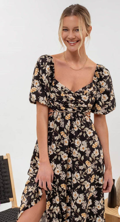 Floral Puff Sleeve Cut Out Midi Dress