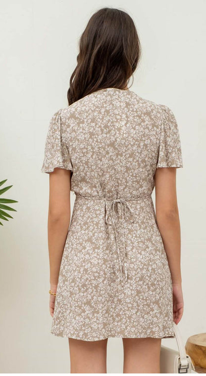 Floral V Neck Button Down Back Tie Mini Dress