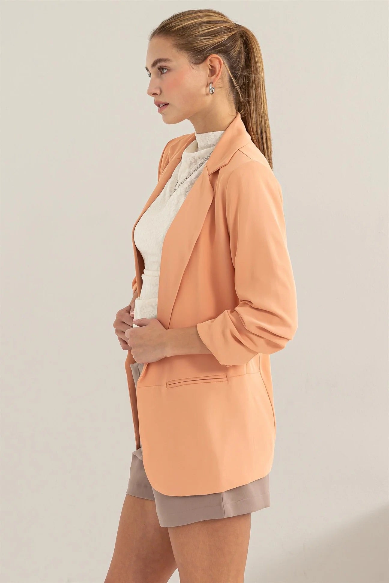 Ruched Sleeve Open Front Blazer