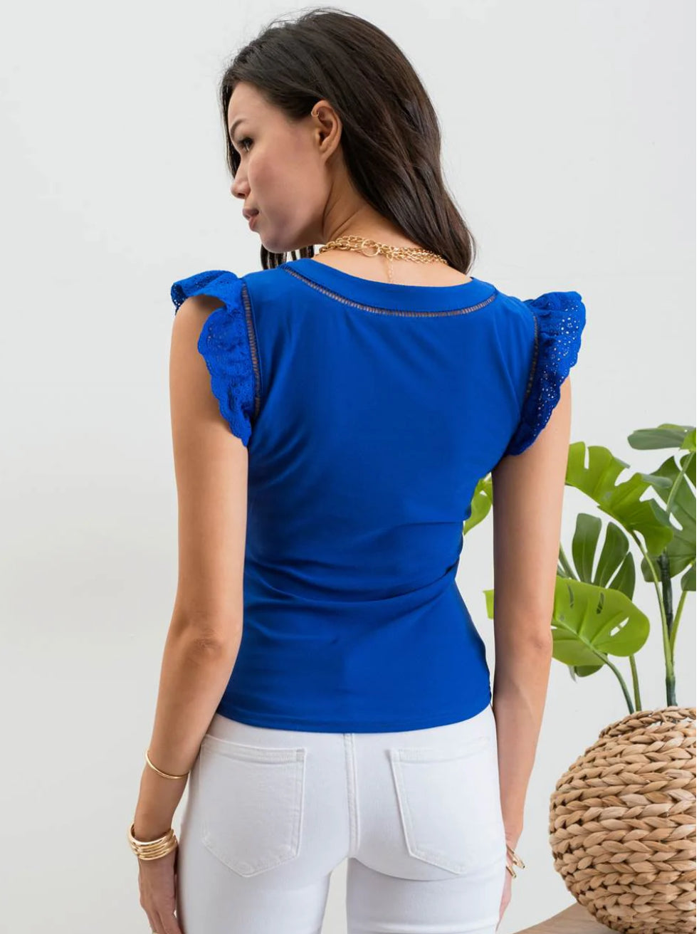 Eyelet Ruffle Sleeve Lace Trim Knit Top