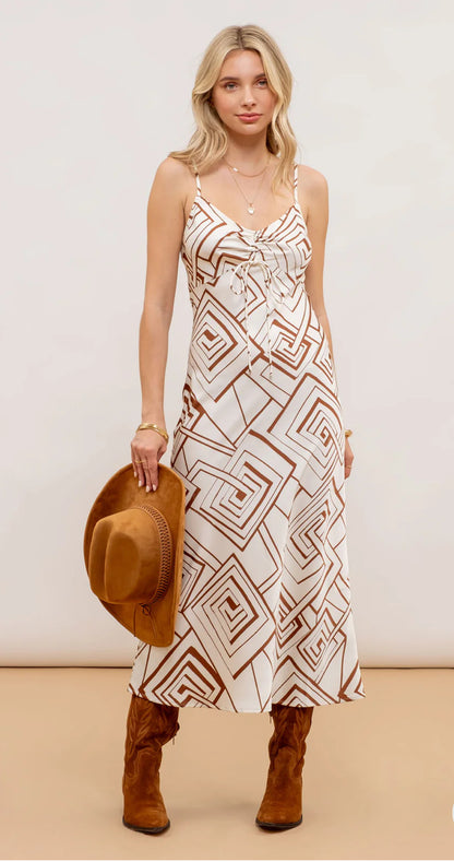 Geometric Print Front Tie Midi Dress