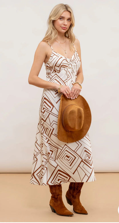 Geometric Print Front Tie Midi Dress