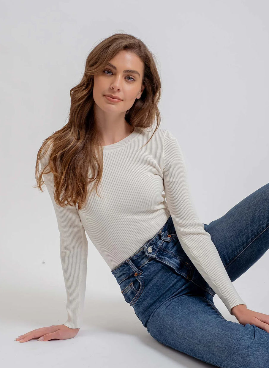 Solid Crewneck Long Sleeve Sweater Knit Top - 2 Colors!