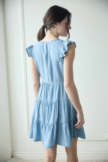 Chambray Button Down Tiered Mini Dress