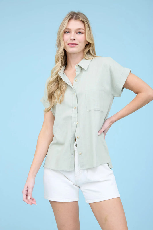 Collared Button-Down Short Roll Sleeve Shirt