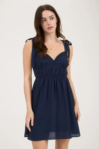 Eyelet Detail Lace Trim Tie Strap Mini Dresss