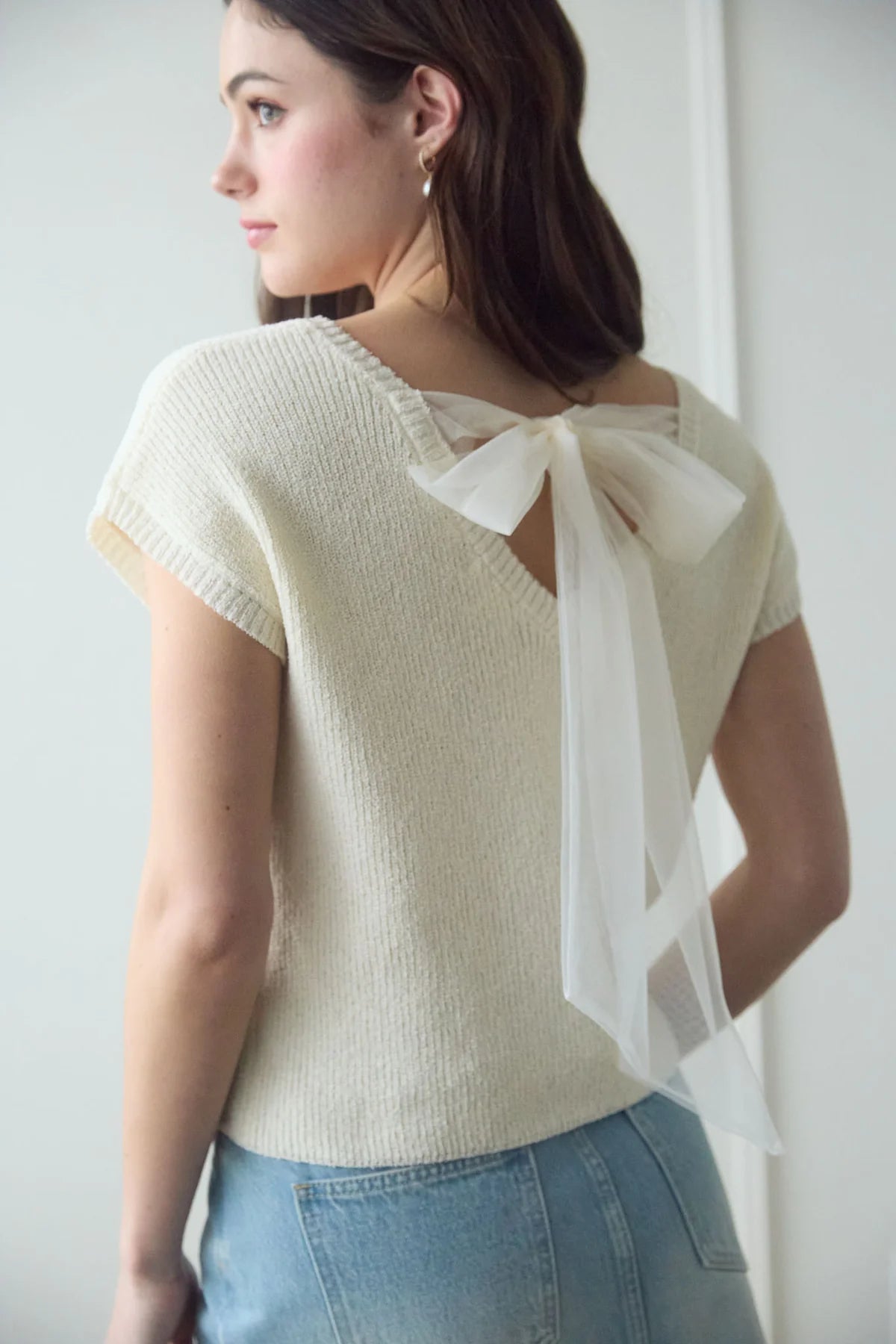Back Sheer Tie Short Sleeve Knit Sweater
