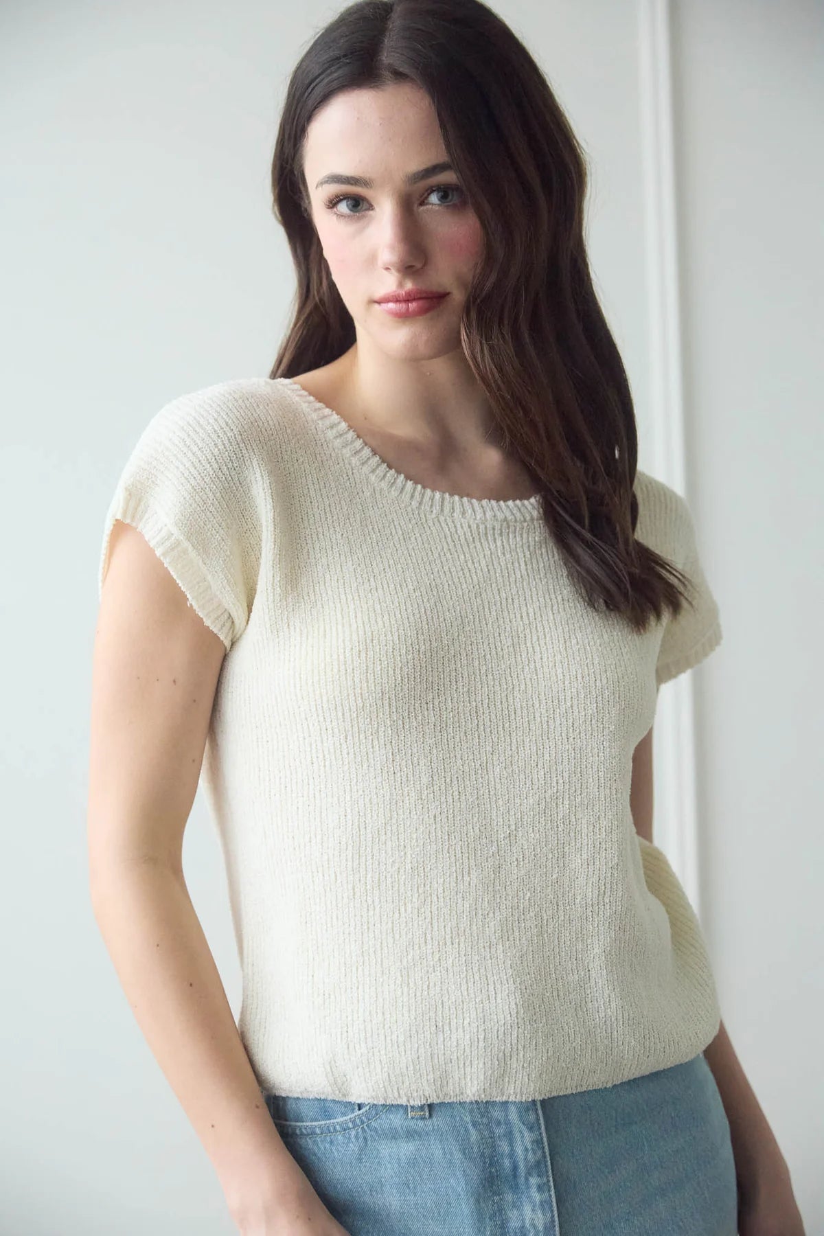Back Sheer Tie Short Sleeve Knit Sweater
