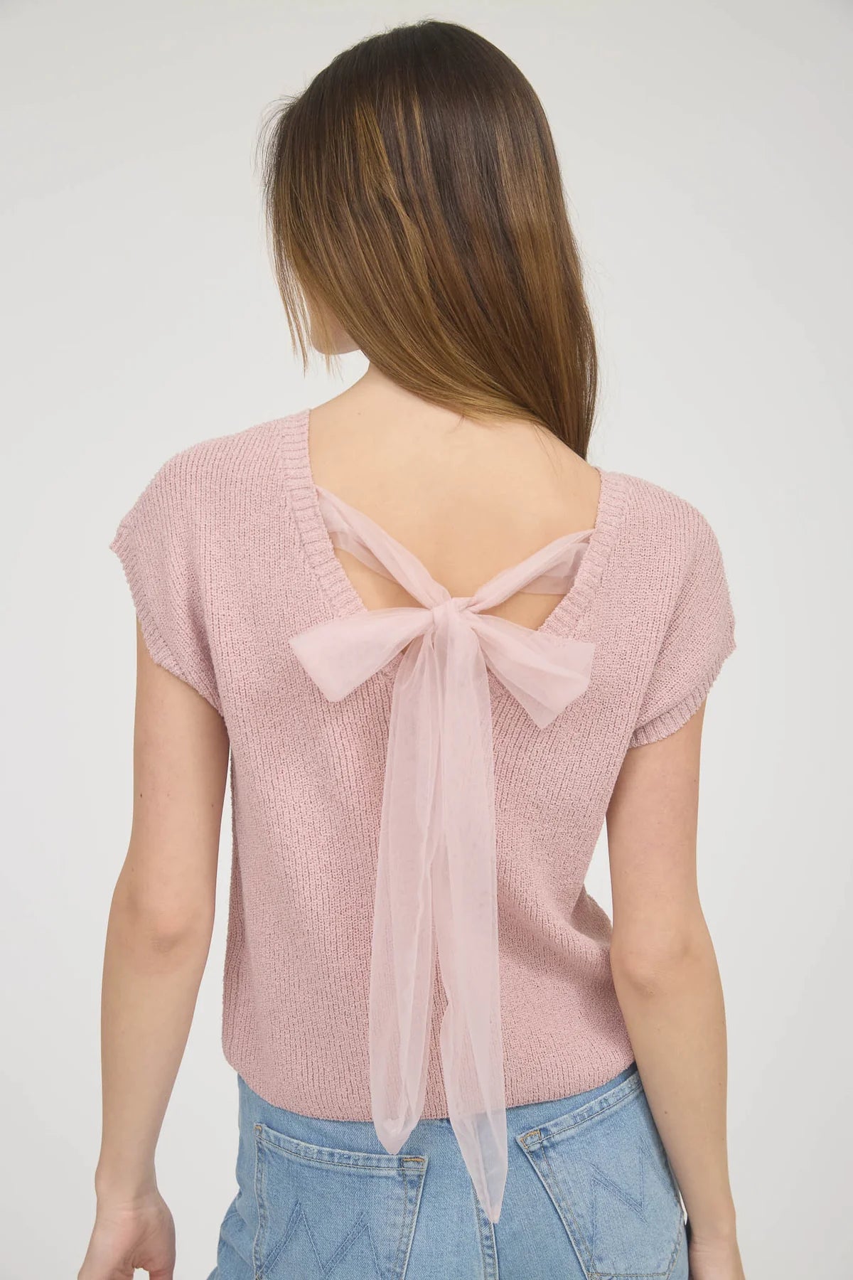 Back Sheer Tie Short Sleeve Knit Sweater