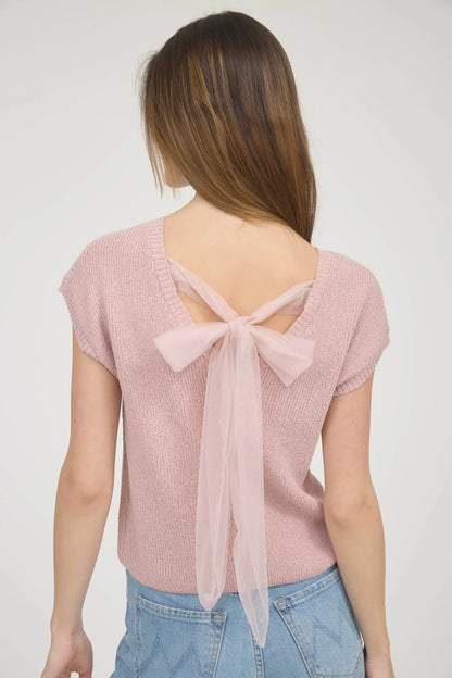 Back Sheer Tie Short Sleeve Knit Sweater