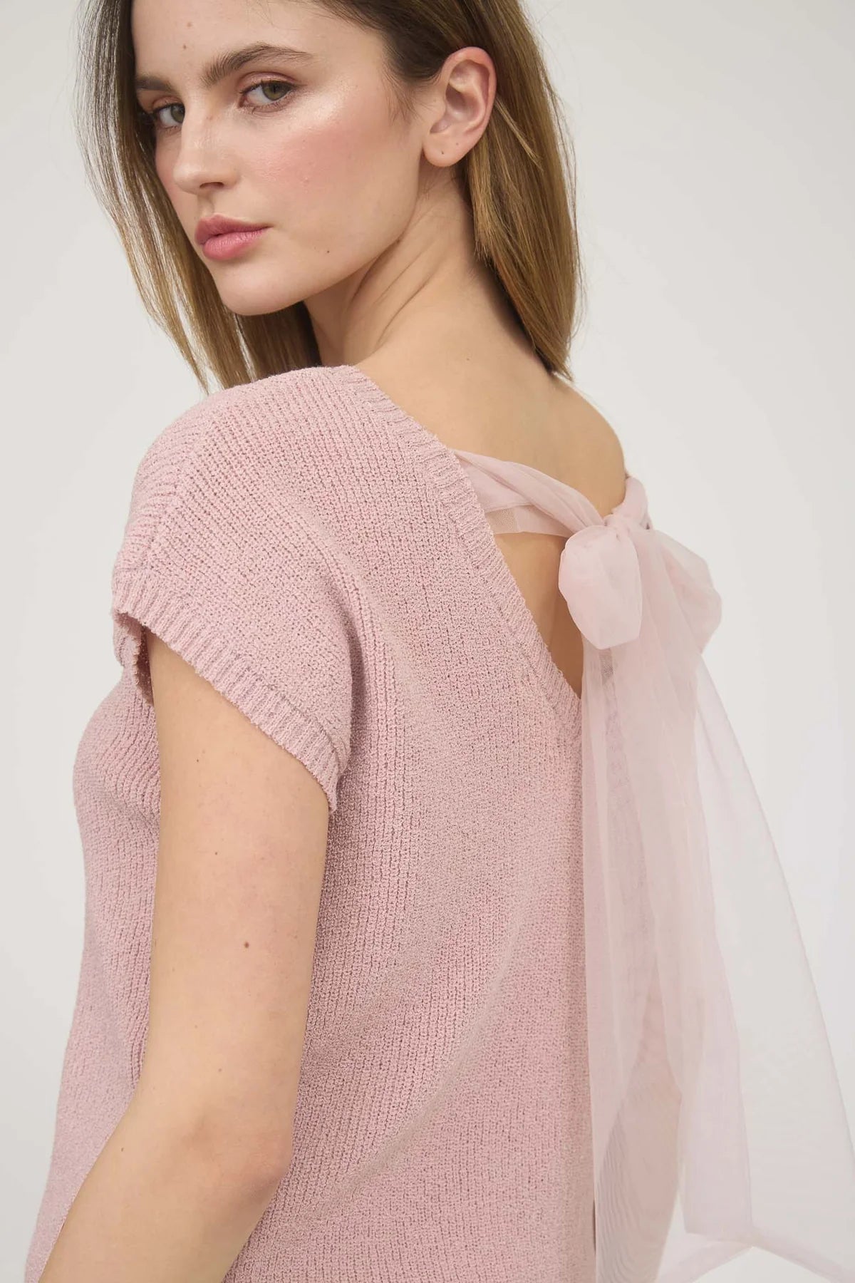 Back Sheer Tie Short Sleeve Knit Sweater