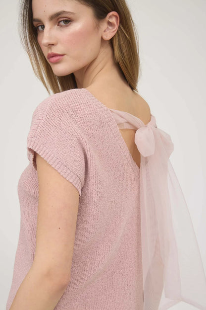 Back Sheer Tie Short Sleeve Knit Sweater
