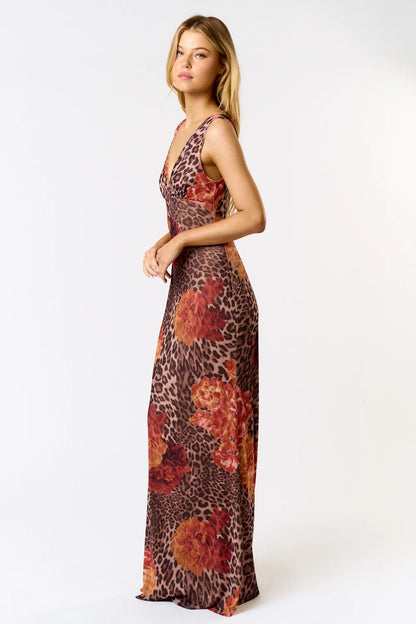 Floral Leopard Print Mesh Maxi Dress