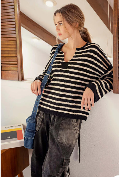 Stripe Split Neck Knit Sweater