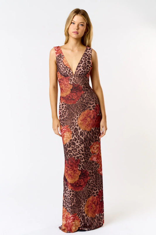 Floral Leopard Print Mesh Maxi Dress