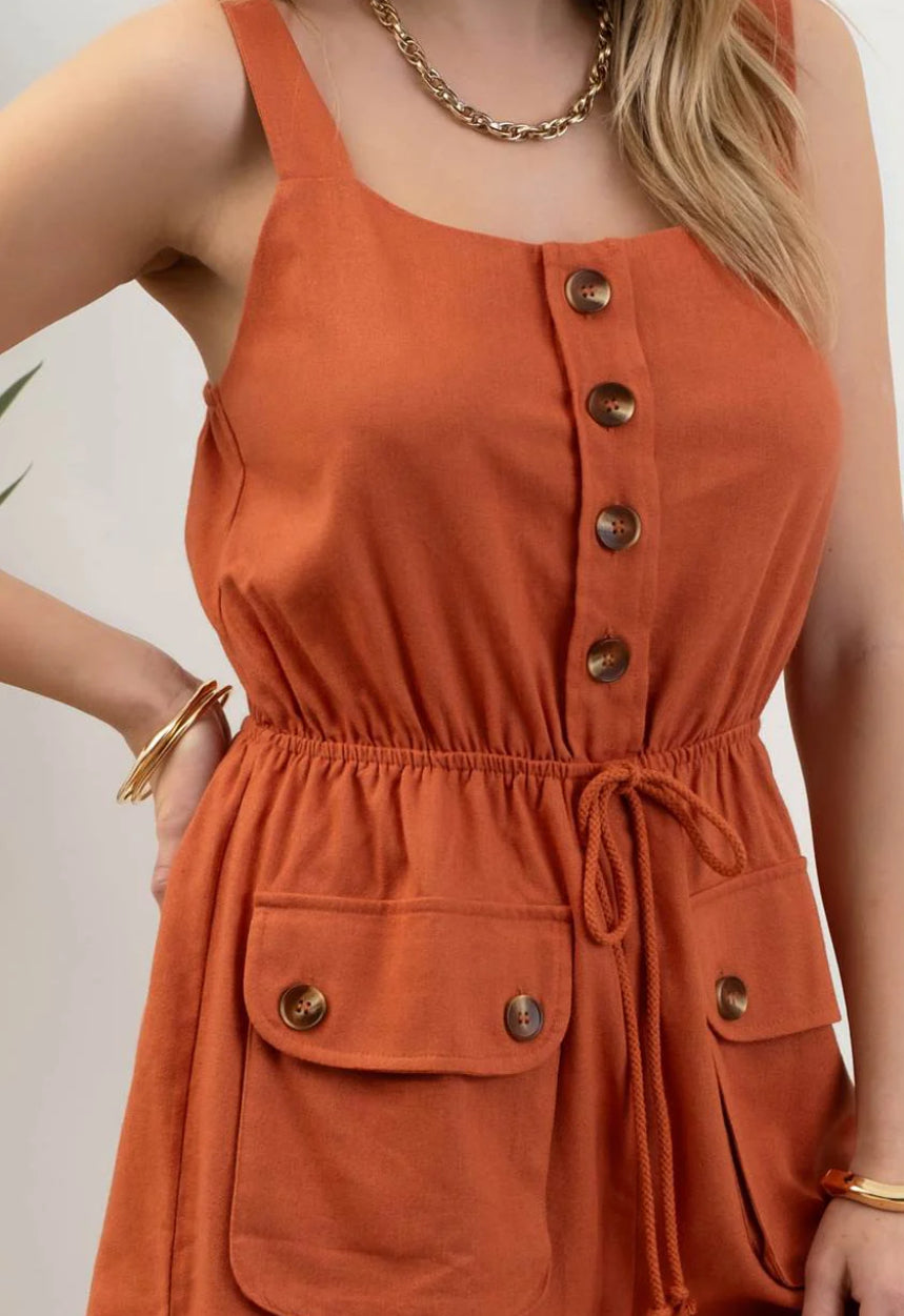 Button Down Sleeveless Drawstring Romper