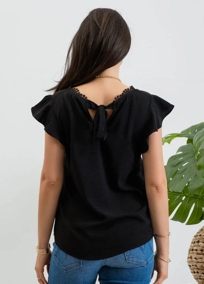 V Neck Lace Trim Back Tie Blouse