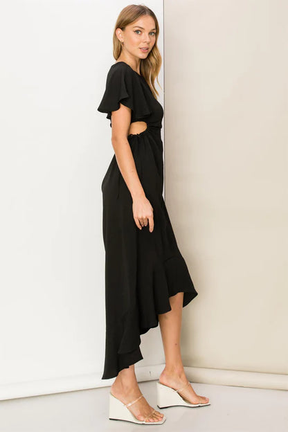 Flutter Sleeve with Side Cutout Midi Dress
