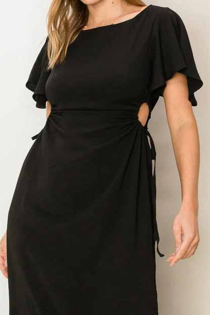 Flutter Sleeve with Side Cutout Midi Dress