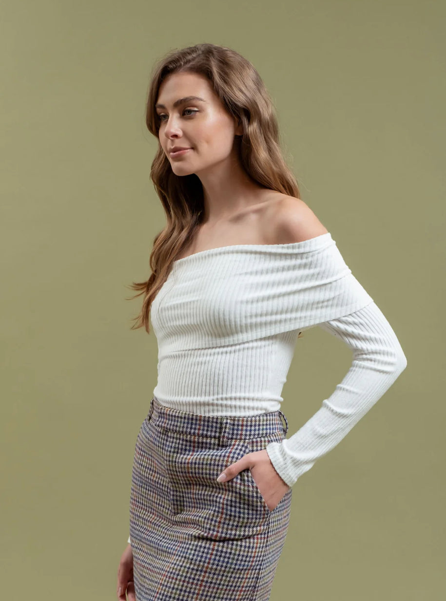 Fold Over Off The Shoulder Long Sleeve Knit Top