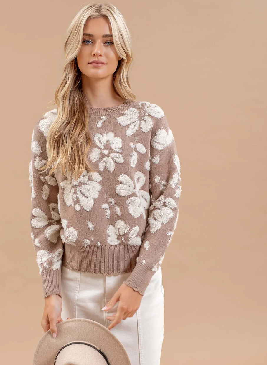 Floral Distressed Crewneck Terry Sweater