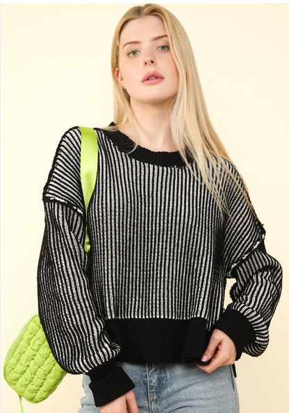 Two Tone Stripped Casual Stripe Sweater Top