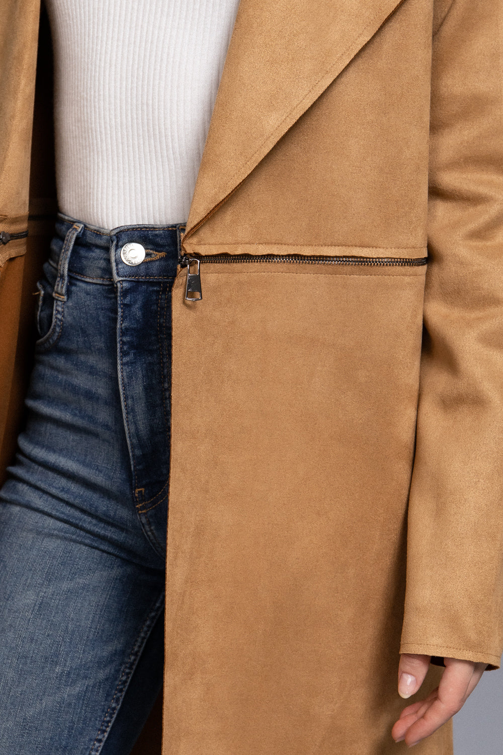 Front Zipper Detail Suede Long Jacket