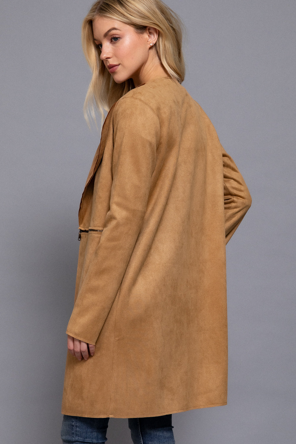 Front Zipper Detail Suede Long Jacket