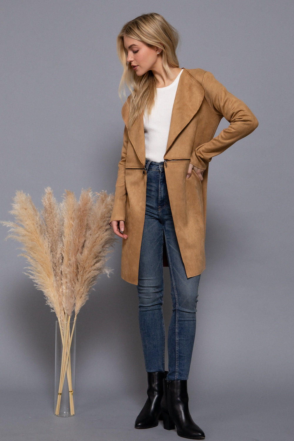 Front Zipper Detail Suede Long Jacket