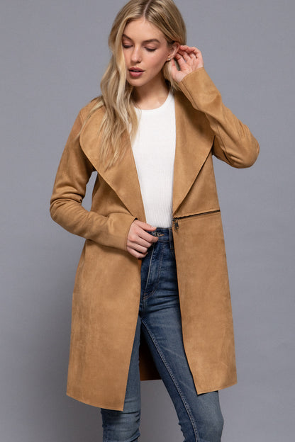 Front Zipper Detail Suede Long Jacket