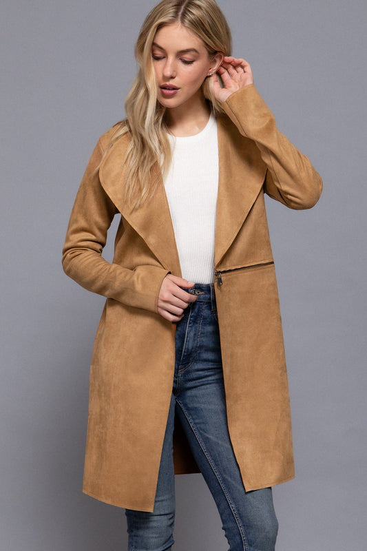 Front Zipper Detail Suede Long Jacket