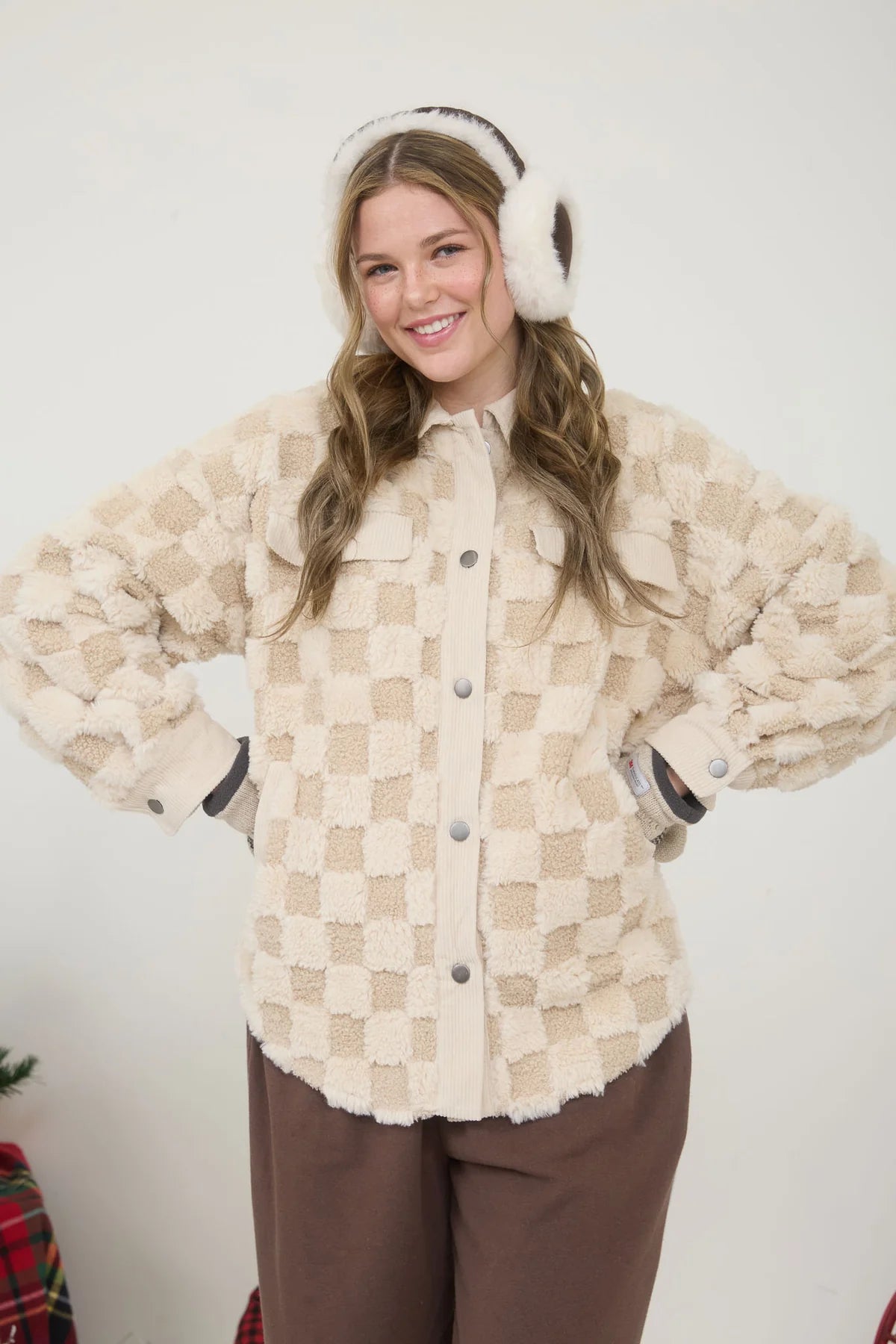 Checkered Vegan Shearling Button Down Shacket