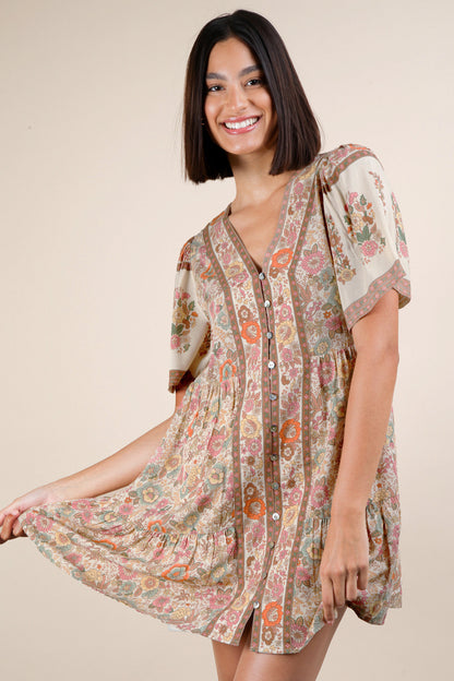 Shirring Detail Printed Mini Dress