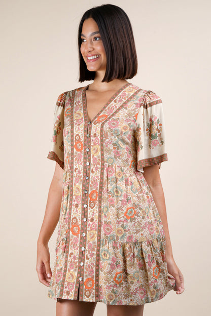 Shirring Detail Printed Mini Dress