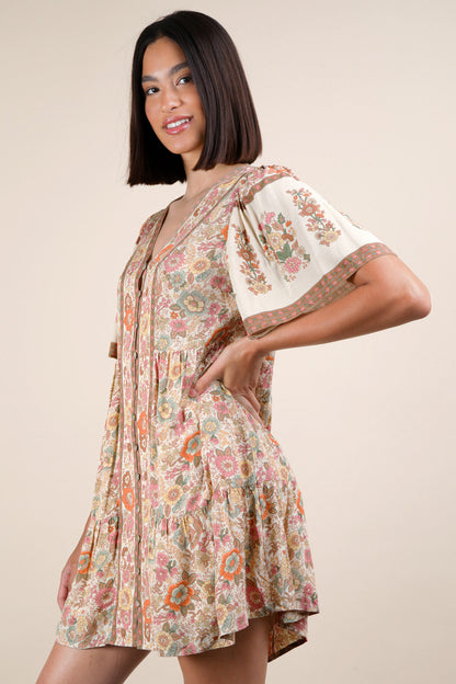 Shirring Detail Printed Mini Dress