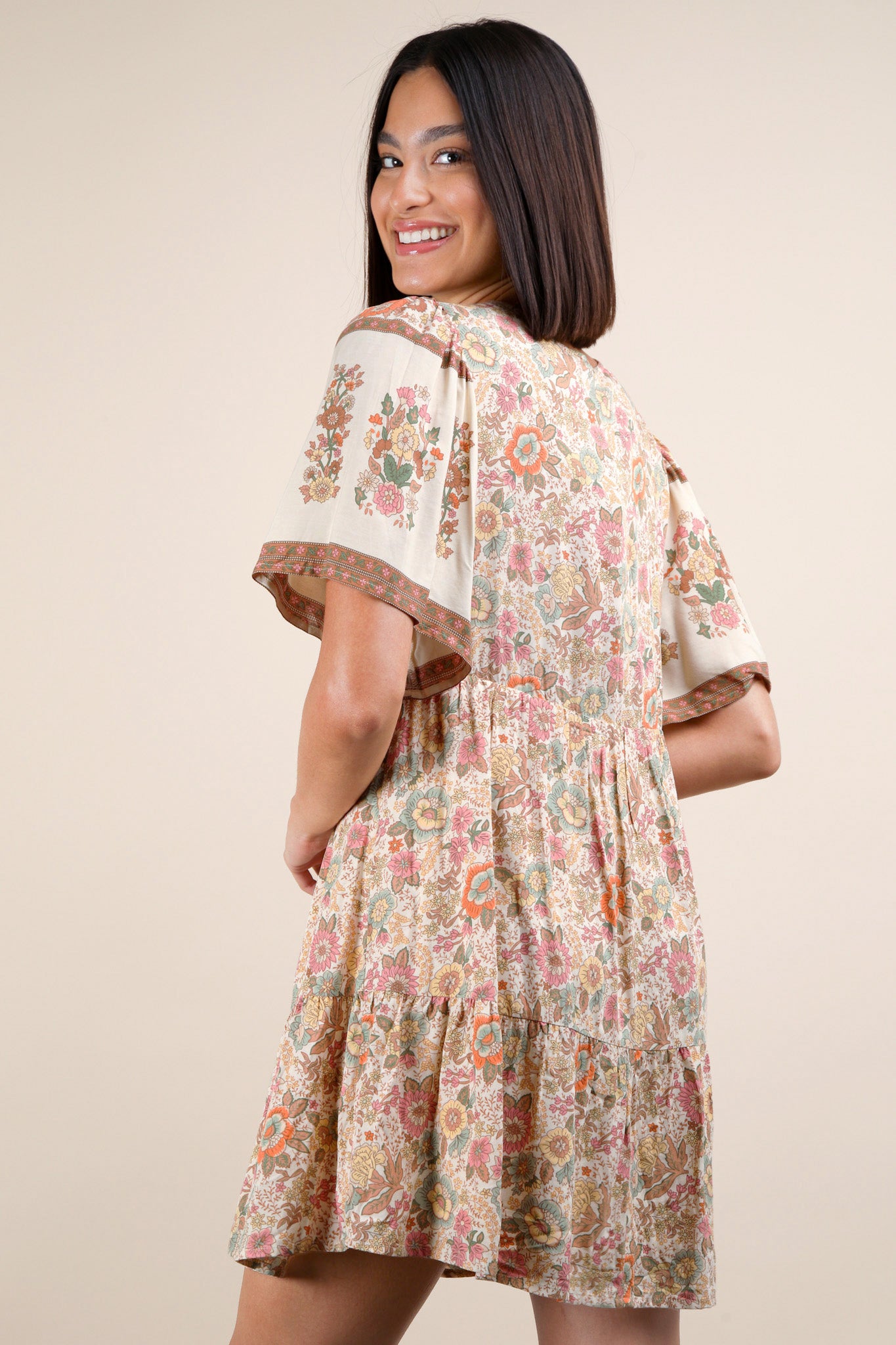 Shirring Detail Printed Mini Dress